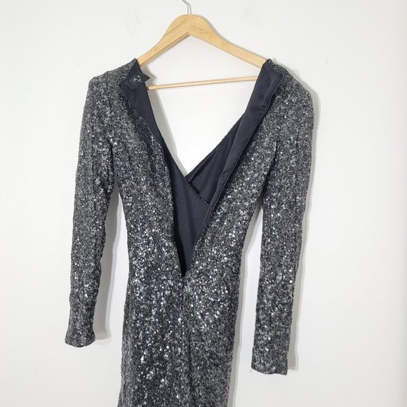AX Paris Long Sleeve Sequin Evening Dress Surplice Neckline Silver Black Event - Picture 11 of 15